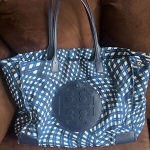 Tory Burch Navy and Cream Checkered Tote